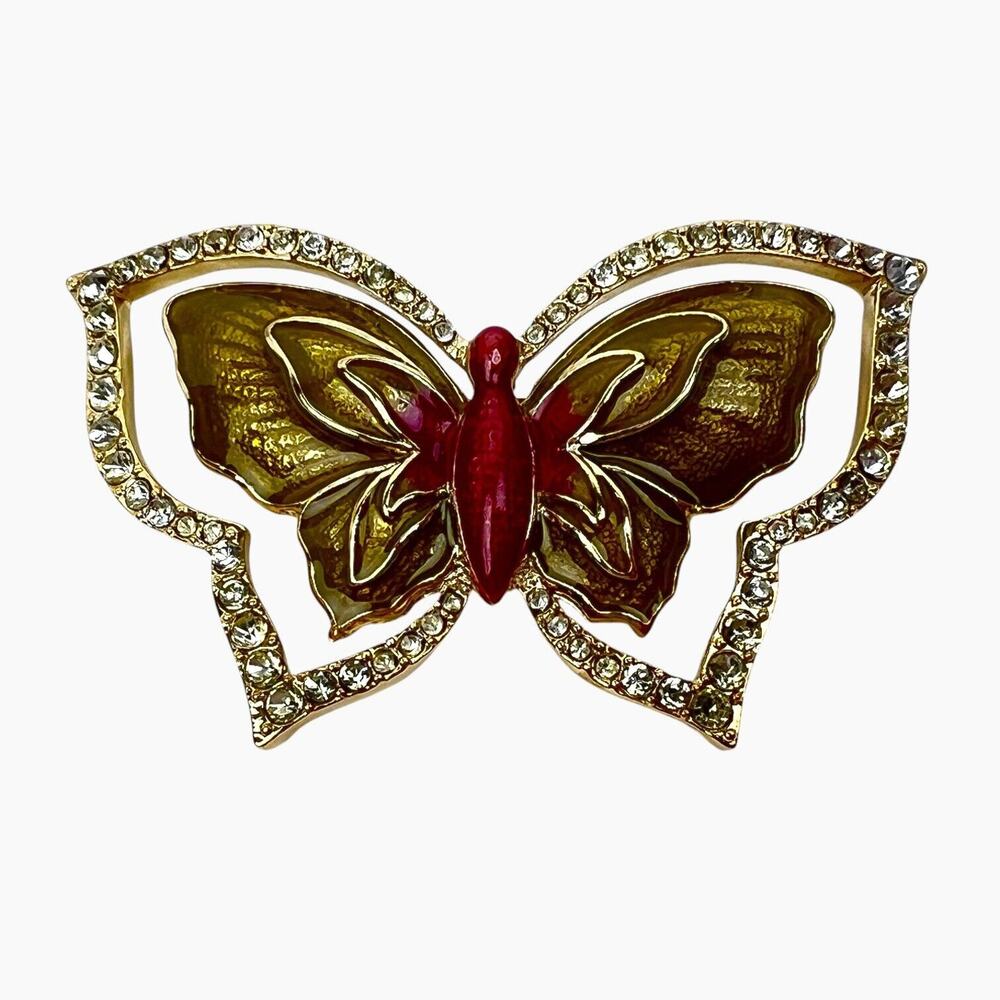 Butterfly Brooch Rhinestones Green Red Enamel Gold Tone Pin Sparkly Retro Glam